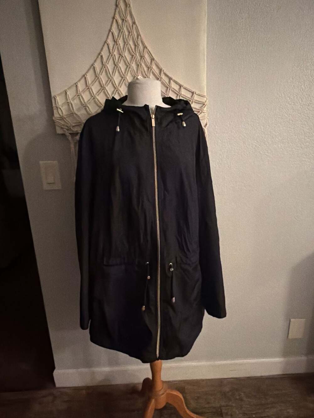 Susan Graver 3X Black Hooded Anorak Rain Jacket with Drawstring Waist